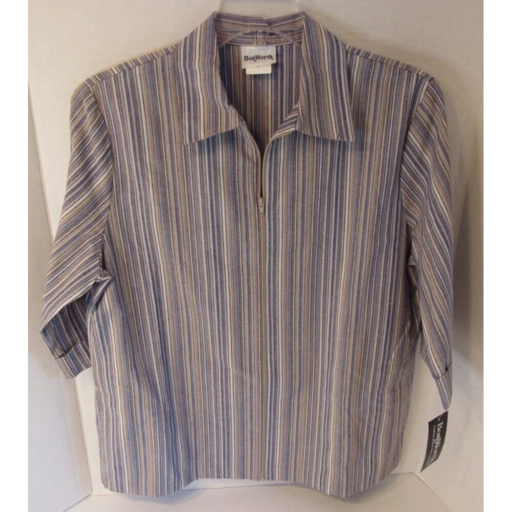 BonWorth 3/4 Sleeve Collared Full Zip Blue/Taupe/White Striped Top Size M NWT